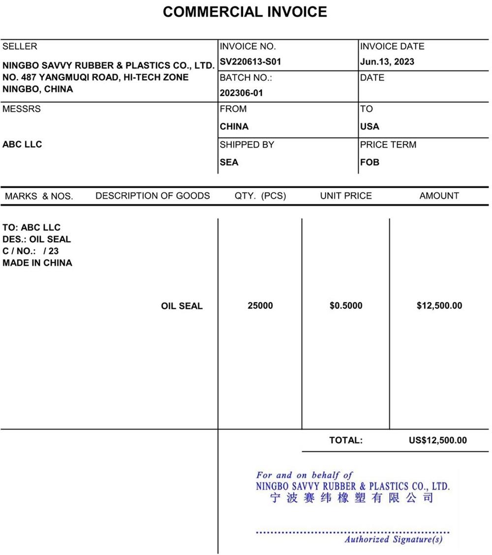 real value commercial invoice